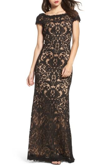 Petite Women's Tadashi Shoji Illusion Yoke Gown P - Black