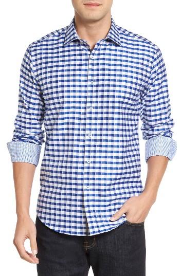 Men's Bugatchi Shaped Fit Herringbone Check Sport Shirt - Blue