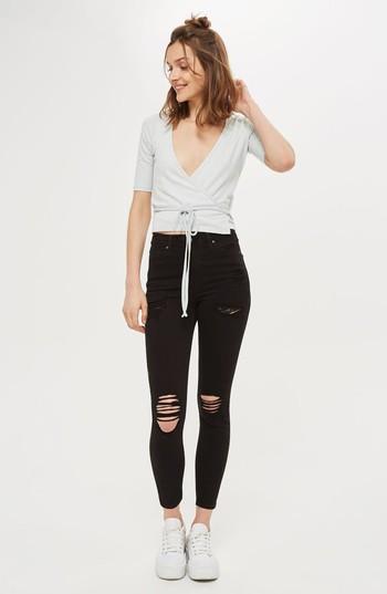 Women's Topshop Ripped High Waist Ankle Skinny Jeans X 34 - Black