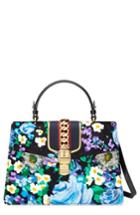 Gucci Medium Sylvie Floral Top Handle Velvet Shoulder Bag - Black