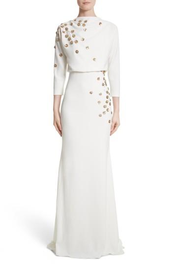 Women's Badgley Mischka Couture. Floral Embellished Crepe Gown - Ivory