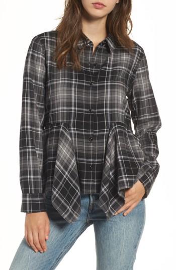 Women's Bp. Plaid Godet Detail Shirt, Size - Black