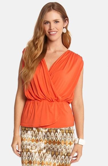 Karen Kane Shirred Faux Wrap Peplum Top Orange