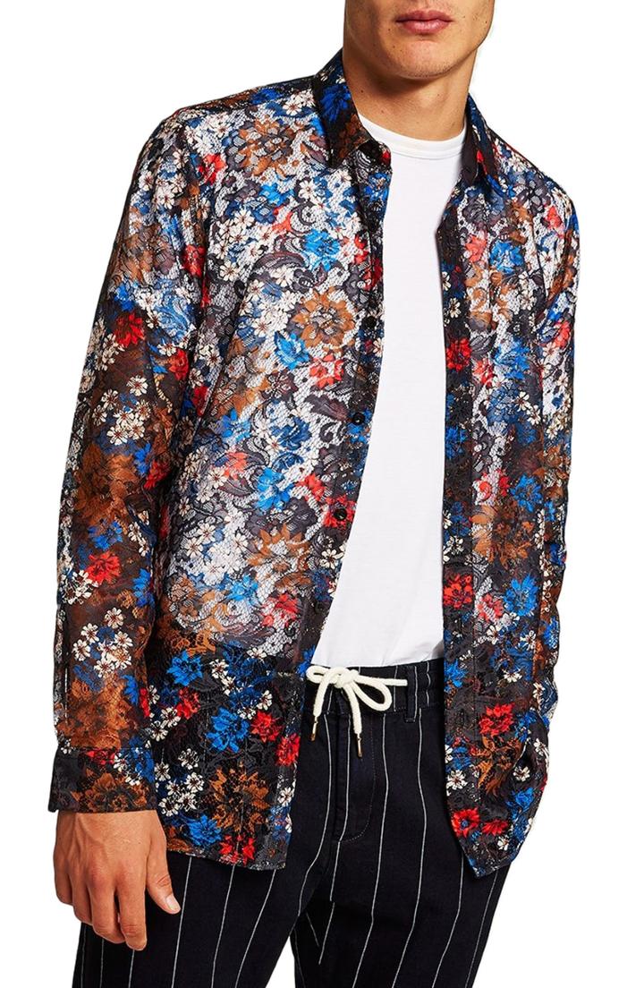 Men's Topman Floral Lace Shirt - Blue