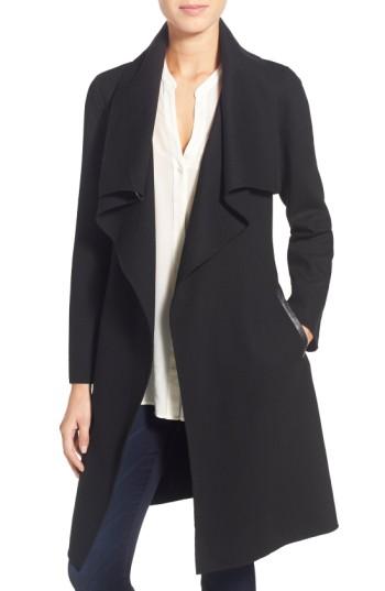 Women's Mackage Belted Stretch Wool Envelope Collar Long Coat - Black
