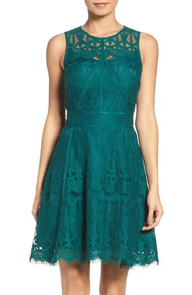 Women's Adelyn Rae Illusion Yoke Lace Fit & Flare Dress - Green