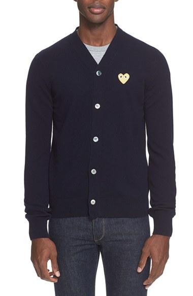 Men's Commes Des Garcons Play Wool V-neck Cardigan - Blue