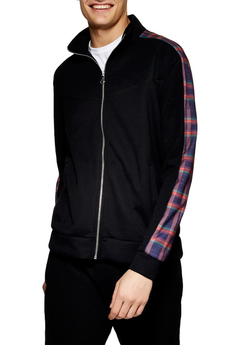 Men's Topman Check Panel Track Jacket - Black