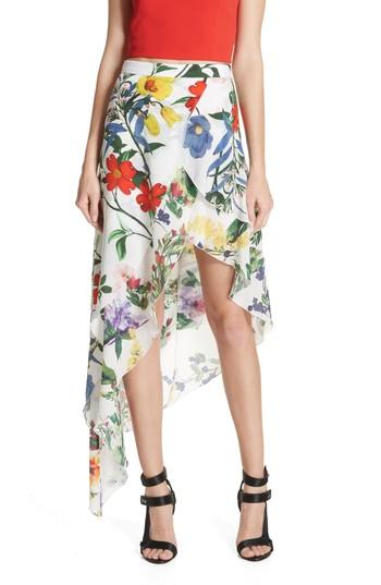 Women's Alice + Olivia Joeann Asymmetrical Floral Silk Skirt - White