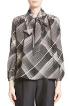 Women's Co Plaid Silk Tie Neck Blouse