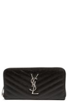 Women's Saint Laurent 'monogram' Zip Around Quilted Calfskin Leather Wallet - Black