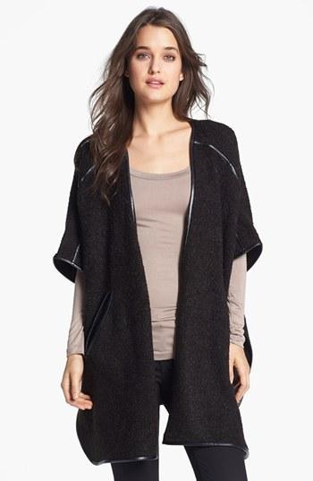 Nordstrom Faux Leather Trim Poncho Womens Black One Size