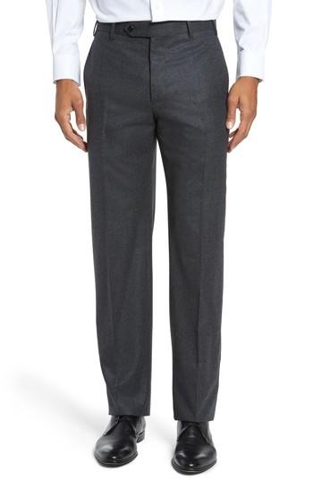 Men's Zanella Devon Flat Front Solid Wool Flannel Trousers - Grey