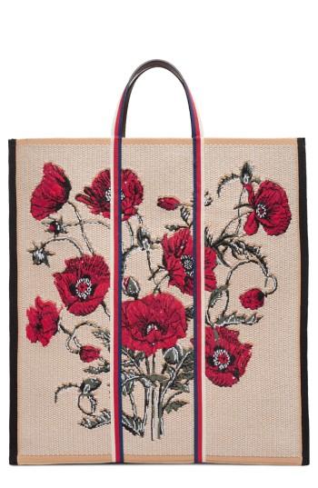 Gucci Embroidered Poppies Canvas Top Handle Tote -