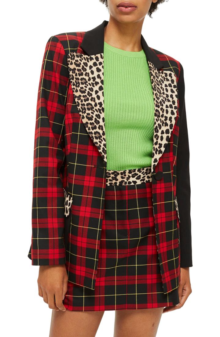 Women's Topshop Leopard Trim Tartan Blazer Us (fits Like 0-2) - Red