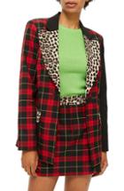 Women's Topshop Leopard Trim Tartan Blazer Us (fits Like 0-2) - Red