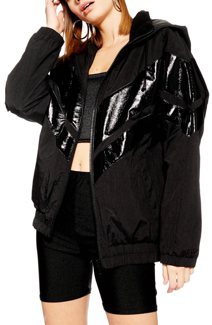 Women's Topshop Leo Patent Windbreaker - Black