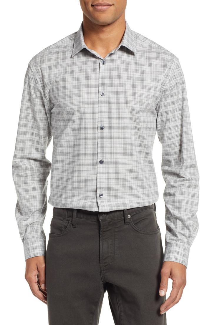 Men's John Varvatos Star Usa Slim Fit Stretch Plaid Dress Shirt .5r - Beige