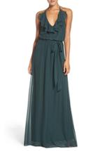 Women's Nouvelle Amsale 'dani' Ruffle Neck V-neck Halter Gown - Green