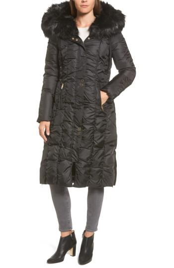 Women's Via Spiga Long Faux Fur Trim Coat - Black
