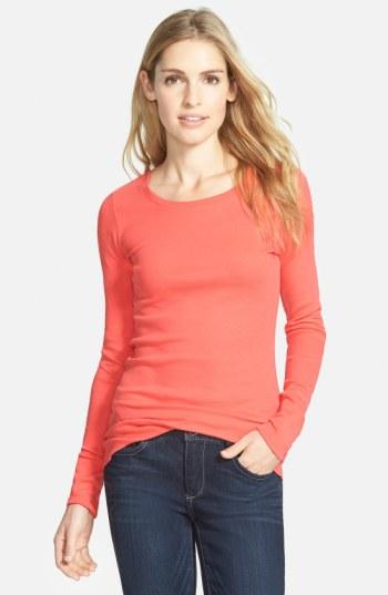 Petite Women's Caslon Long Sleeve Scoop Neck Cotton Tee P - Coral
