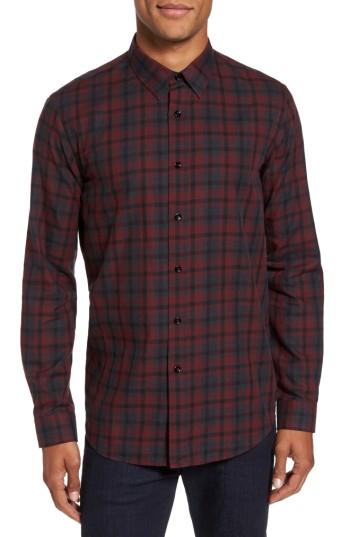Men's Theory Trim Fit Plaid Twill Sport Shirt, Size - Burgundy