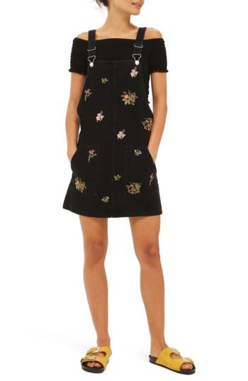 Women's Topshop Embroidered Black Denim Pinafore Dress Us (fits Like 10-12) - Black