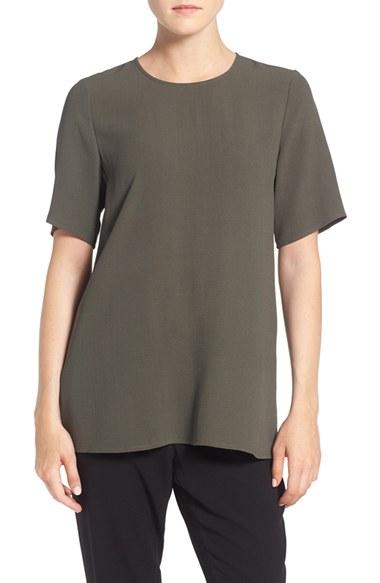 Women's Eileen Fisher Silk Crepe Round Neck Boxy Top, Size - Green