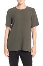 Women's Eileen Fisher Silk Crepe Round Neck Boxy Top, Size - Green