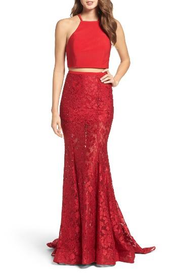 Women's La Femme Jersey & Lace Two-piece Gown