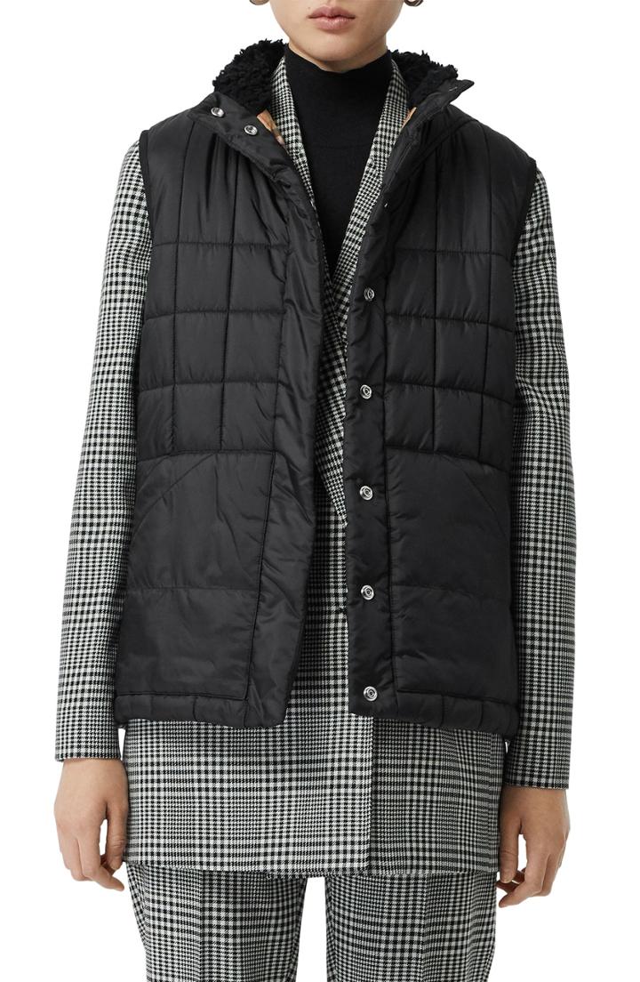 Women's Burberry Leintune Faux Shearling Trim Quilted Vest - Black