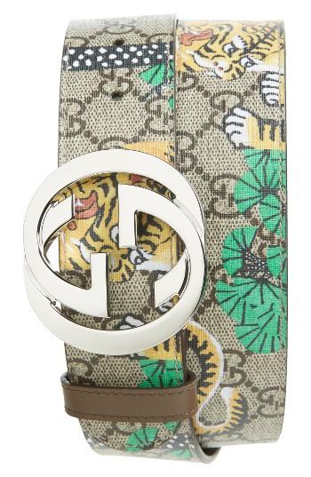 Men's Gucci Tiger Print Faux Leather Logo Belt