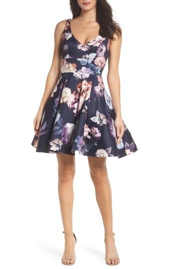 Women's Xscape Floral Print Fit & Flare Dress - Blue