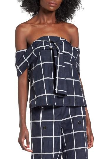 Women's J.o.a. Windowpane Off-the-shoulder Top - Blue