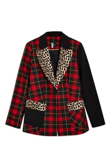 Women's Topshop Leopard Trim Tartan Blazer Us (fits Like 0) - Red