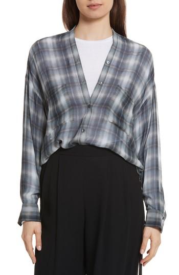 Women's Vince Shadow Plaid Silk Blouse - Blue