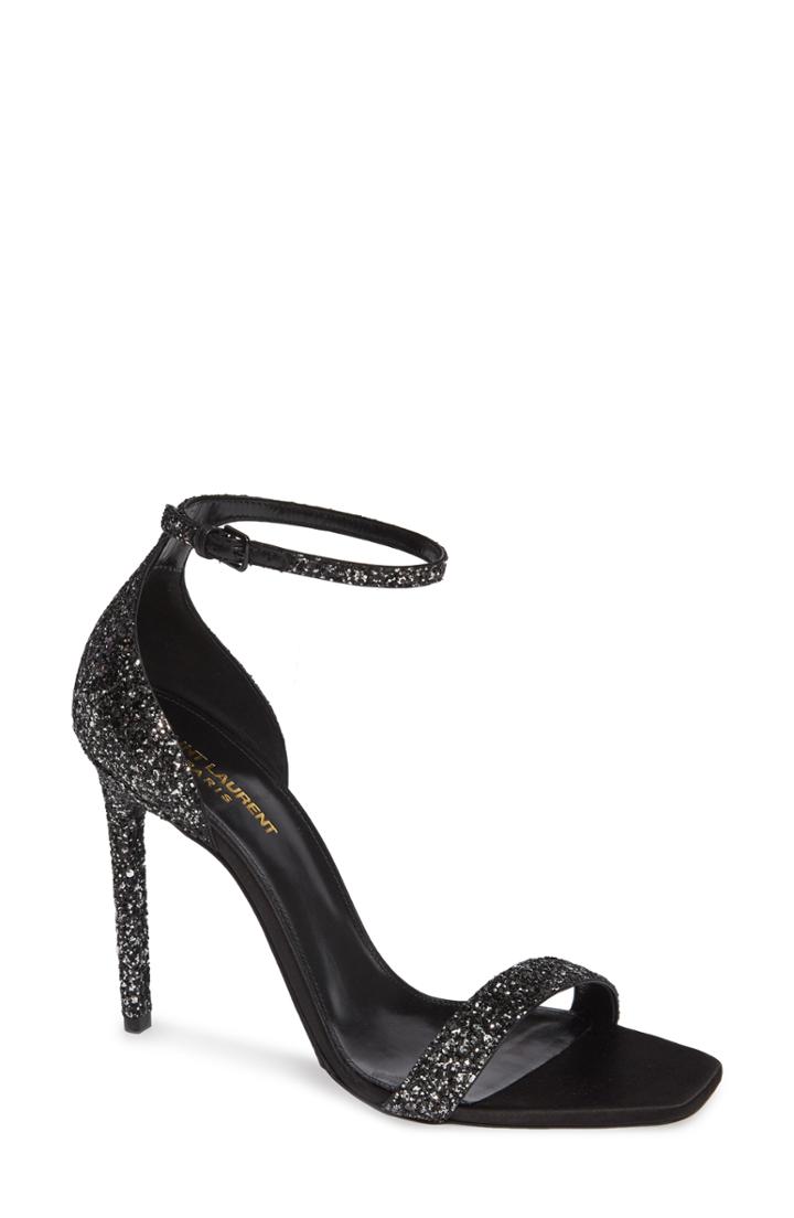 Women's Saint Laurent Amber Glitter Ankle Strap Sandal Us / 37eu - Black