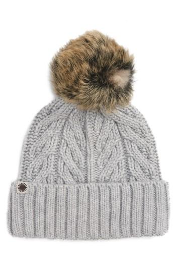 Women's Ugg Cable Knit Cuff Hat With Genuine Shearling Pom - Grey