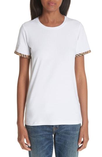 Women's Burberry Kabini Check Cuff Stretch Cotton Tee, Size - White