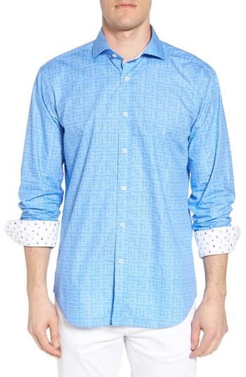 Men's Bugatchi Freehand Shaped Fit Sport Shirt, Size - Blue
