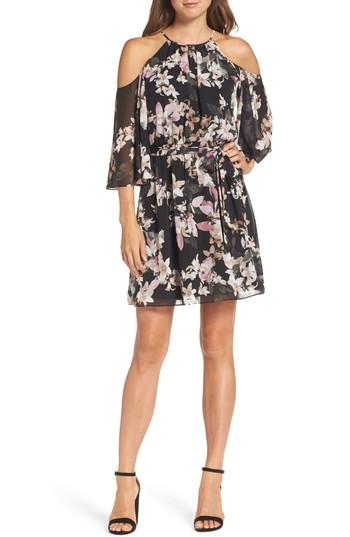 Petite Women's Vince Camuto Print Chiffon Cold Shoulder Dress P - Pink