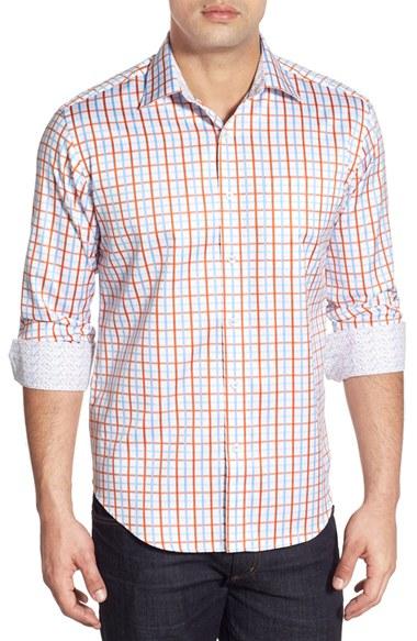 Men's Bugatchi Shaped Fit Check Sport Shirt - Orange