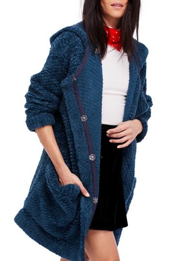 Women's Free People Warm Wishes Hooded Sweater Jacket - Blue/green