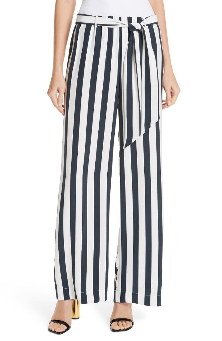 Women's Frame Belted Stripe Wide Leg Silk Pants - Blue