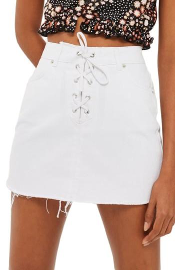 Women's Topshop Lace-up Front Denim Skirt Us (fits Like 0) - White