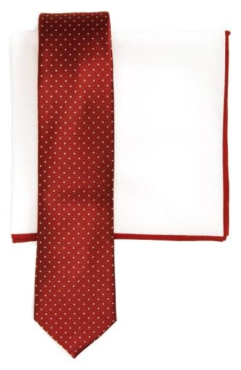 Men's The Tie Bar Dot Silk Skinny Tie & Cotton Pocket Square Style Box, Size - Red