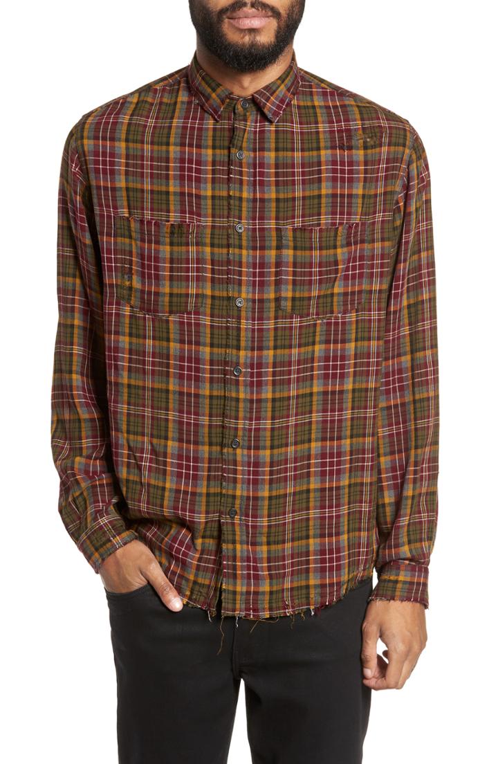 Men's The Kooples Long Sleeve Destroyed Plaid Fit Sport Shirt, Size Small - Red