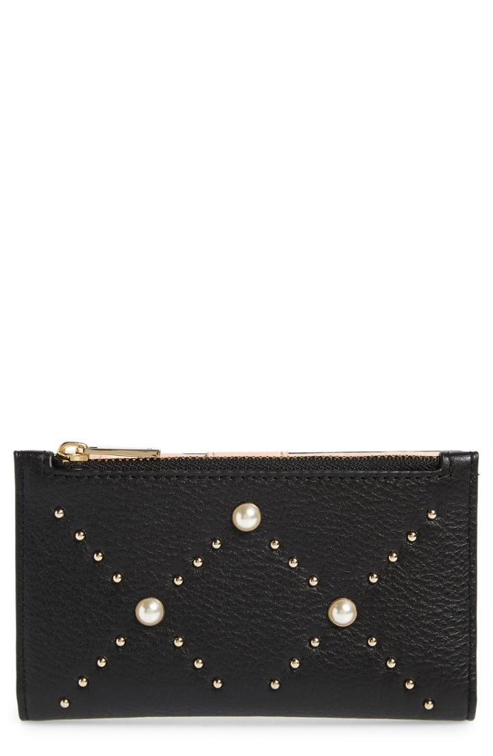 Women's Kate Spade New York Hayes Street - Mikey Imitation Pearl Studded Leather Wallet - Black