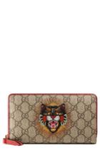 Women's Gucci Embroidered Angry Cat Gg Supreme Canvas Zip Around Wallet - Beige