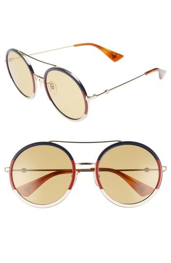 Men's Gucci Web Block 56mm Round Sunglasses - Gold/ Blonde Havana
